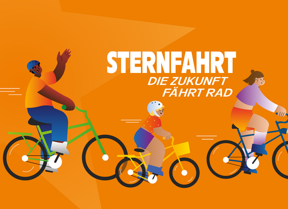 Illustration einer Gruppe Radfahrender zur ADFC-Sternfahrt