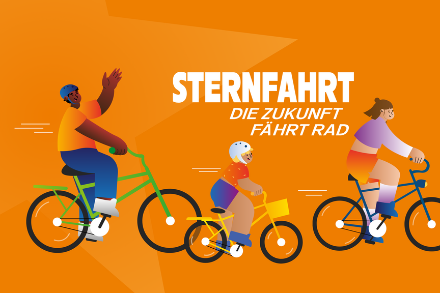 Sternfahrt Illustration einer Gruppe Radfahrender zur ADFC-Sternfahrt